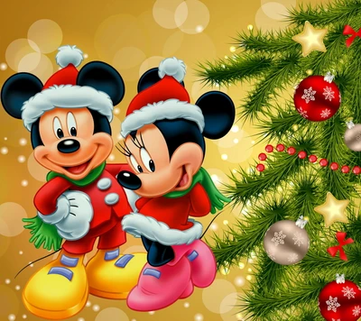 caricatura, navidad, alegre, mickey, minnie