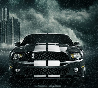 Sleek Black Mustang GT500 Amidst a Stormy Urban Landscape