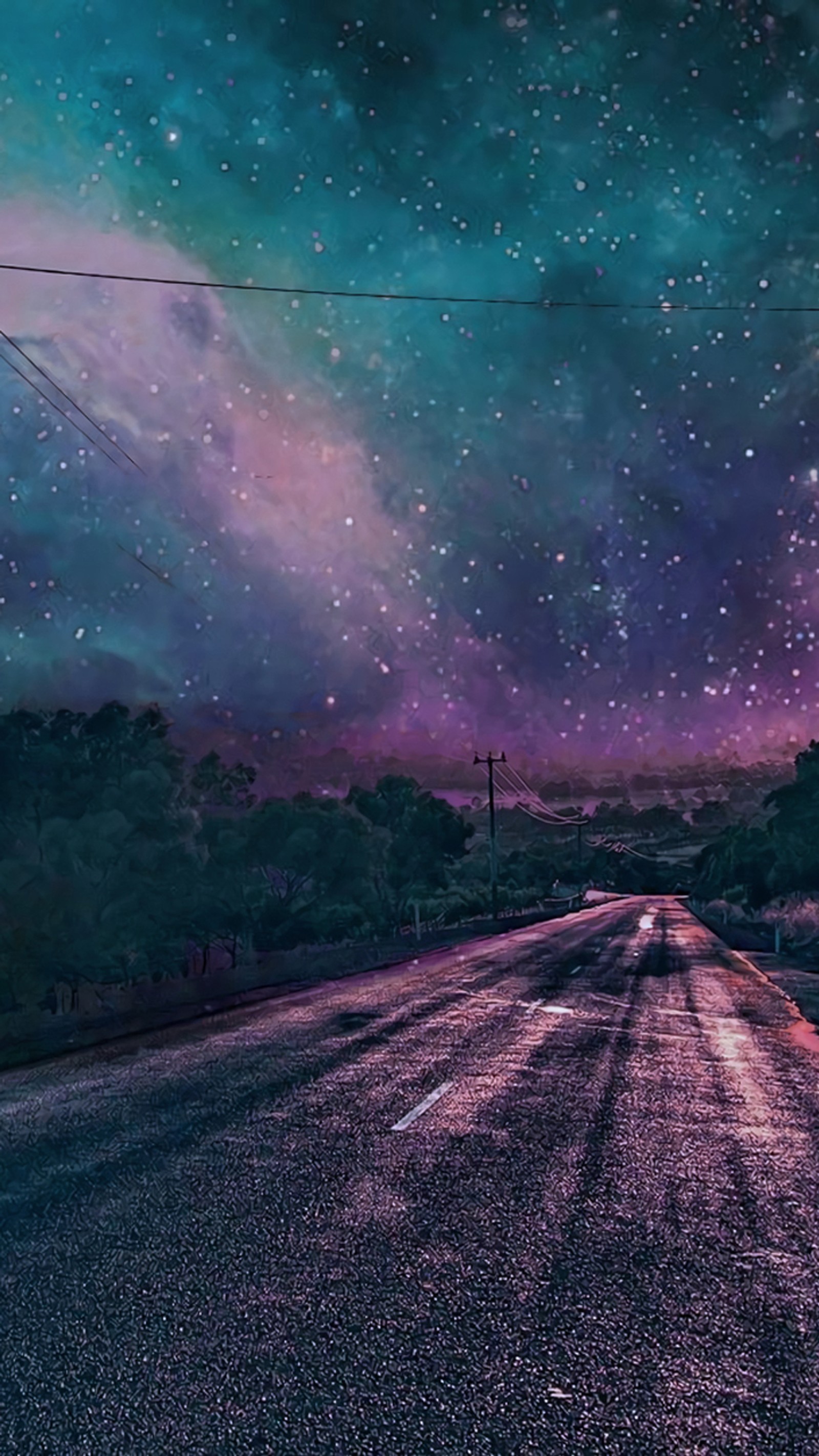 Cielo estrellado de noche sobre una carretera con una señal de alto (noche, camino, cielo)