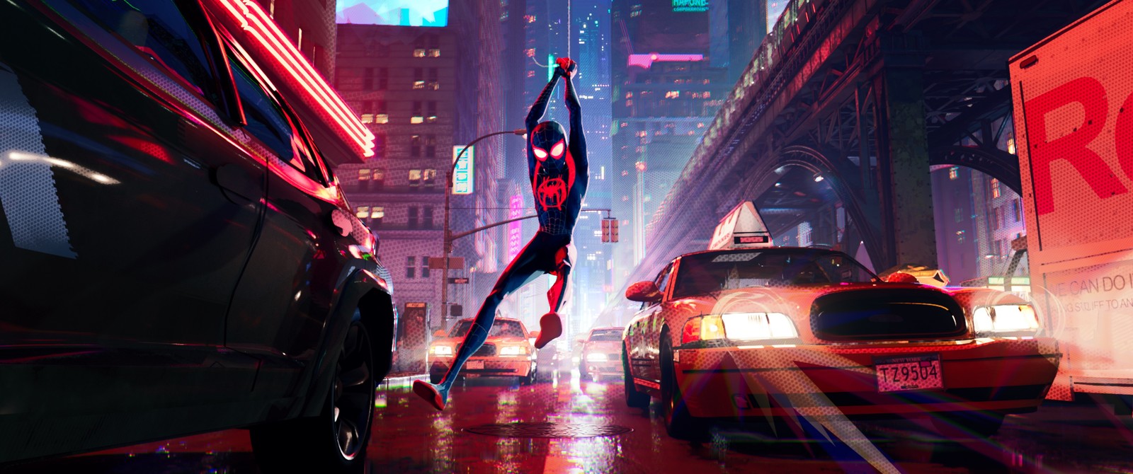 Spider-man saute par-dessus une rue de la ville dans le spider-man animé (araignée, homme, vers, miles, morales)