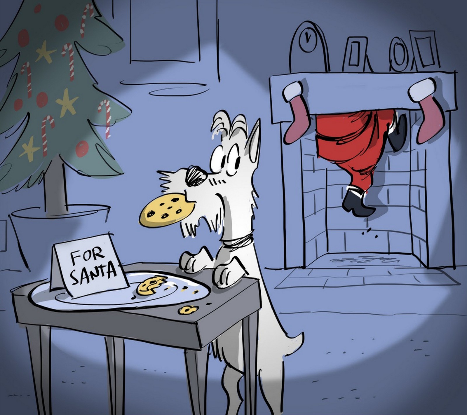 Cartoon of a dog eating a cookie at a table with a sign (christmas, christmas tree, cookie, dog, fun)