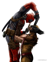 Deadpool e Wolverine em um confronto feroz, exibindo seus trajes icônicos e intensa rivalidade.