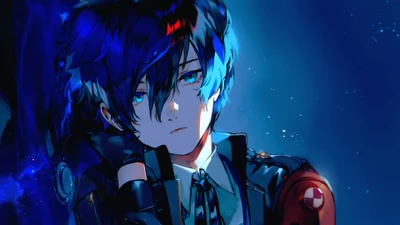 Макото Юки из Persona 3 Reload, воплощающий сочетание спокойствия и интенсивности на космическом фоне.