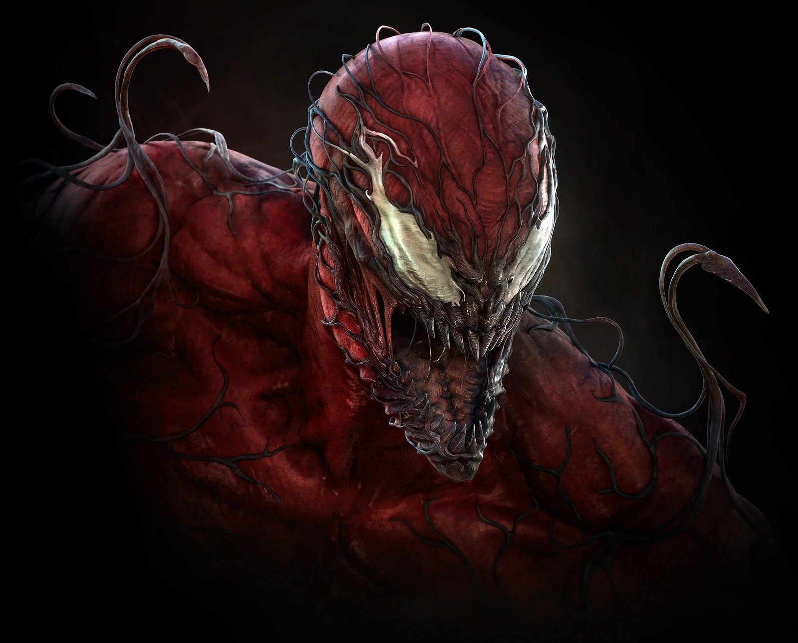 Homme-araignée dans un costume rouge avec un visage lumineux (carnage, bandes dessinées, marvel, spiderman)