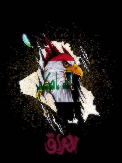 Kreative Darstellung des Irak mit einem Adler, der Stärke und Freiheit symbolisiert, über einer fragmentierten Karte des Iraks mit lebendigen Farben und fettem Text.