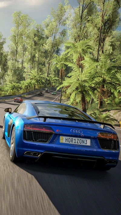 Audi R8 Spyder courant à travers un paysage vibrant et luxuriant dans Forza.