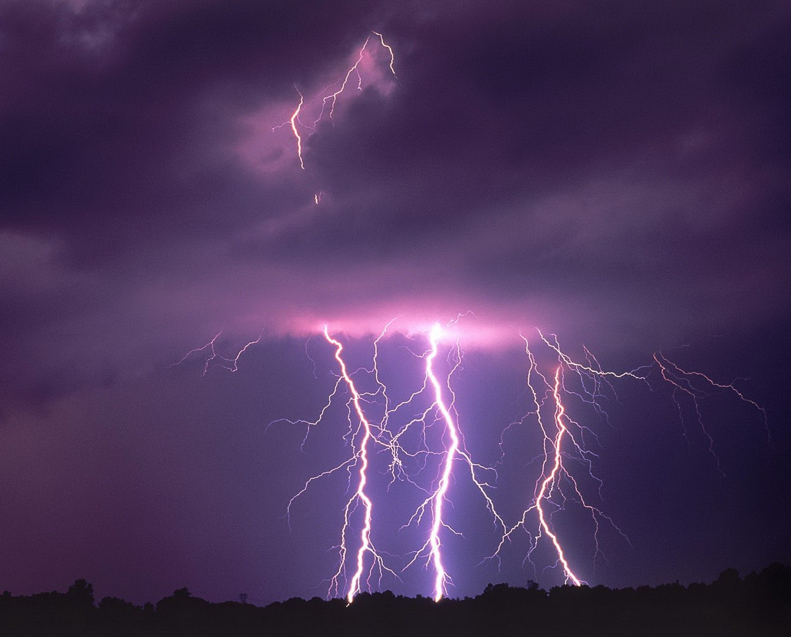 Lightning strikes from the sky over a field of trees (lightning storm, texas)