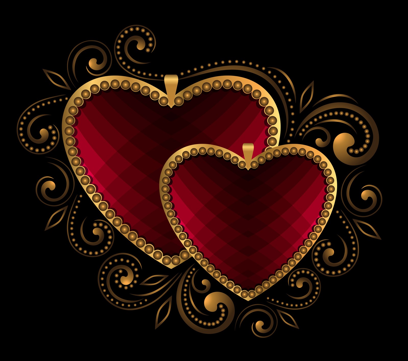 Two red hearts with gold trims and a decorative pattern on a black background (gold, hearts, love, luxury, metal)