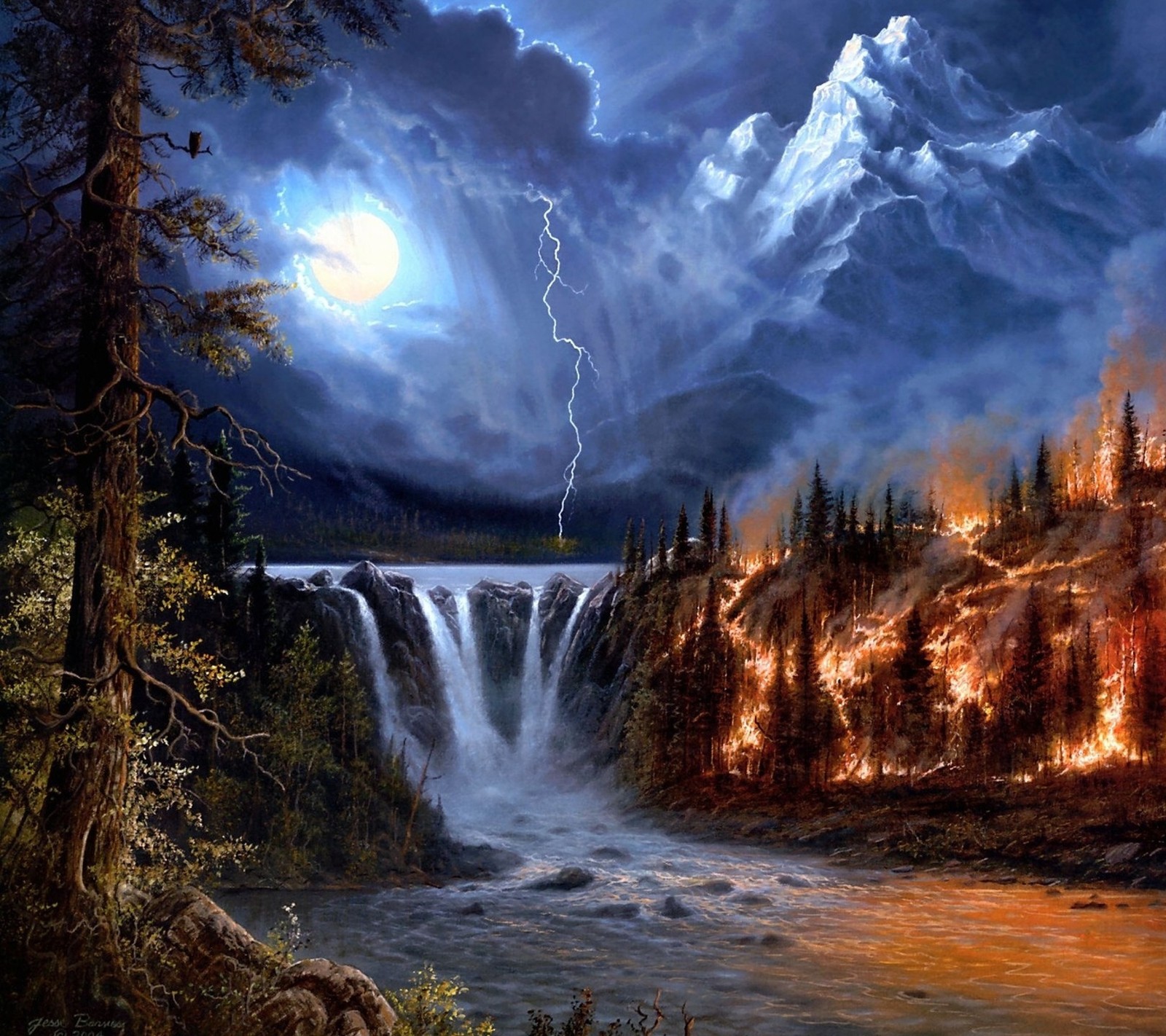 Peinture d'une cascade avec un éclair dans le ciel (sombre, soir, paysage, lune, clair de lune)