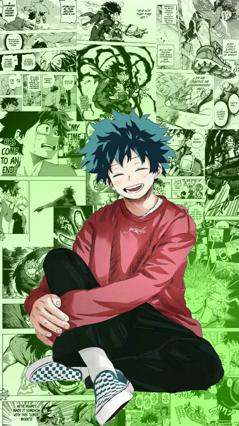 Картина человека, сидящего на земле с кучей комиксов (мхга, bnha, deku, мха, mha)