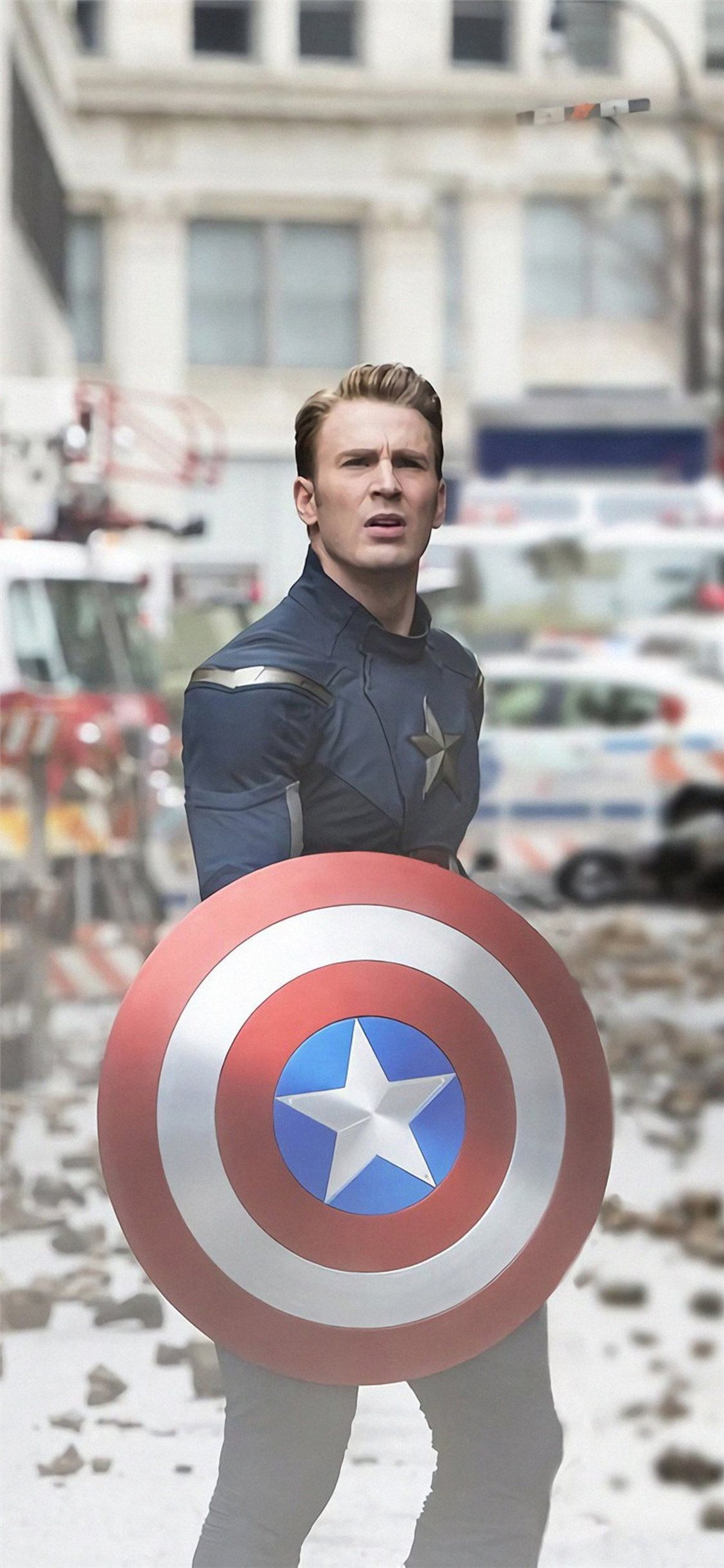 Avengers captain america is holding a shield in the middle of a city (age of ultron, avengers assemble, endgame, infinity war, steve rogers)