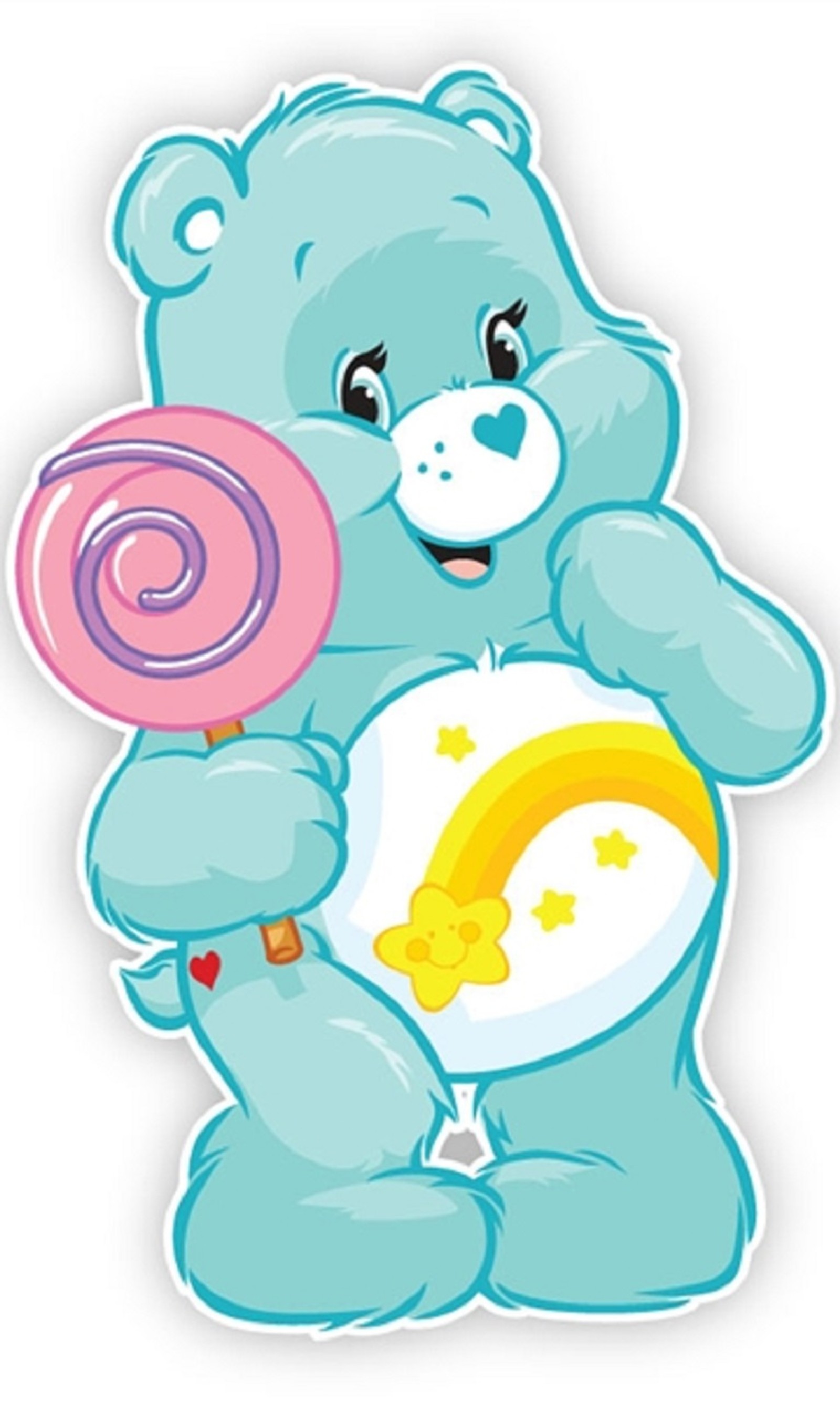 Un oso de peluche azul sosteniendo un chupete y un chupete. (oso cariñoso, care bear, caricatura)