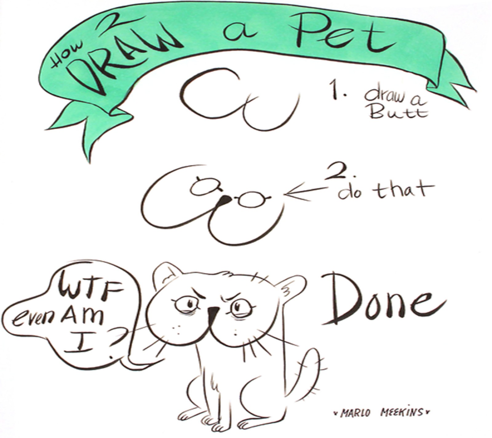 Drawing of a cat with a green ribbon and a sign that says draw a pet (drawing, funny, pet dog)