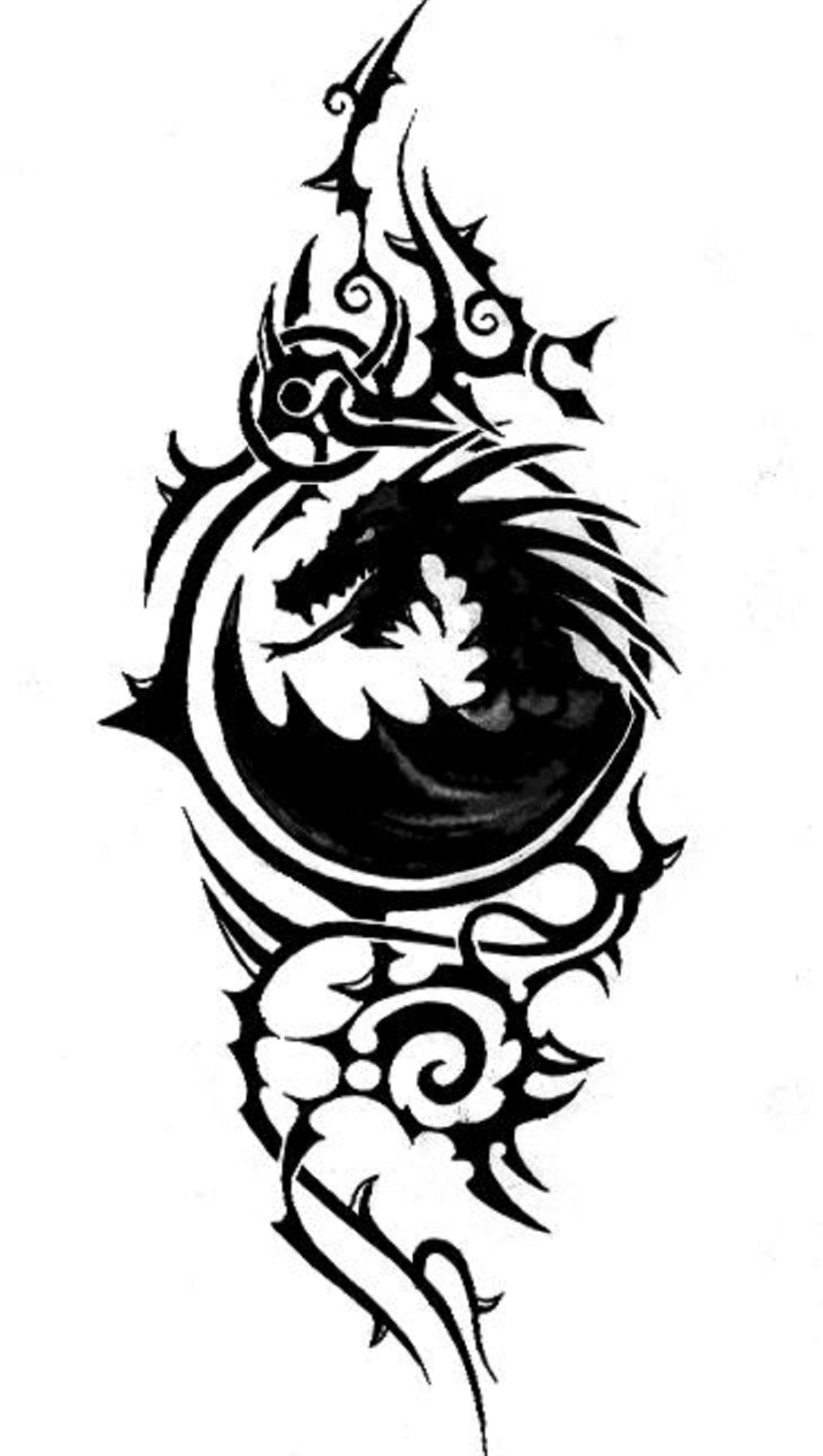 A black and white tattoo design of a dragon with a flower (dragon, other)