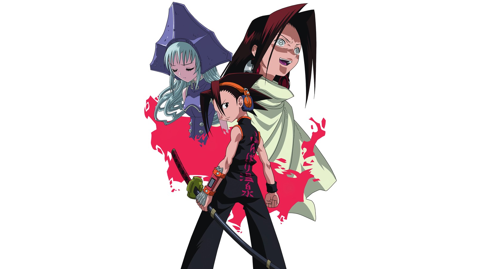 Аниме персонажи с мечами и каплями крови на белом фоне (shaman king, аниме, anime, ё асакура, yoh asakura)