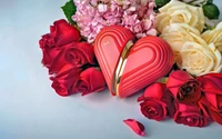 Heart-Shaped Gift Surrounded by Red and White Roses for Valentine's Day