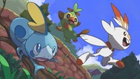 Trío de Pokémon aventureros: Sobble, Grookey y Scorbunny en acción