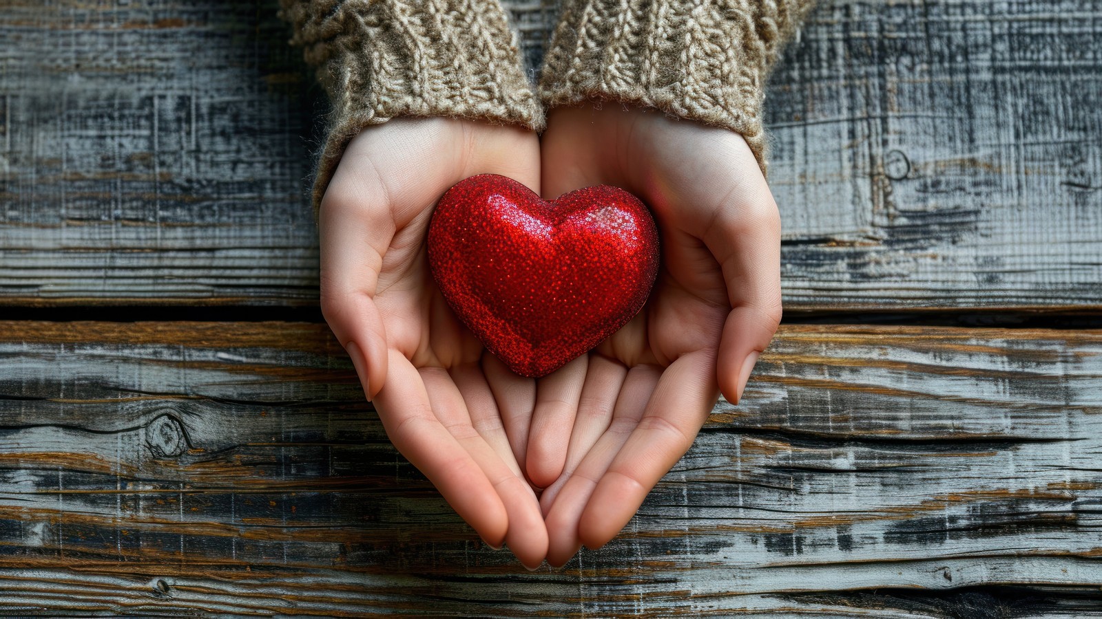 Quelqu'un tenant un cœur rouge dans ses mains sur une surface en bois (cœur damour, se tenant la main, fond en bois, valentin, amour)