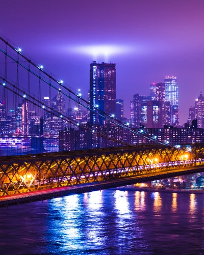 Vibrant Purple Nightscape of New York City with Suspension Bridge and City Lights