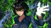 Fubuki desata su poder en medio de un fondo caótico y vibrante.