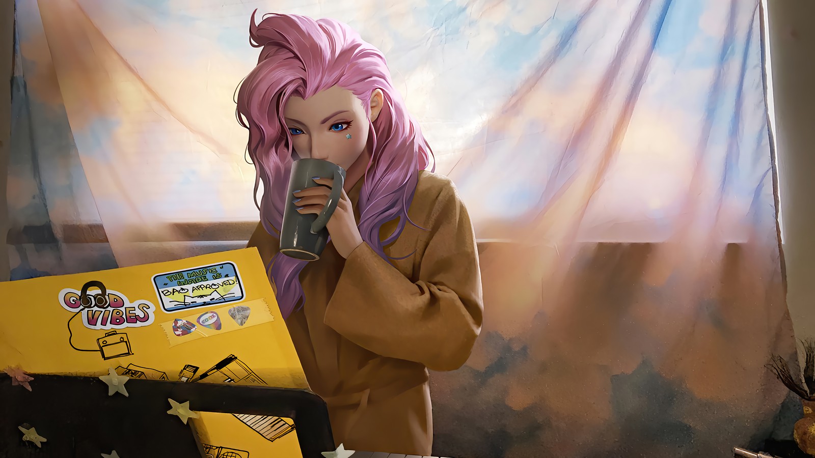 Anime girl with pink hair holding a cup and a box (seraphine, lol, league of legends, video game)