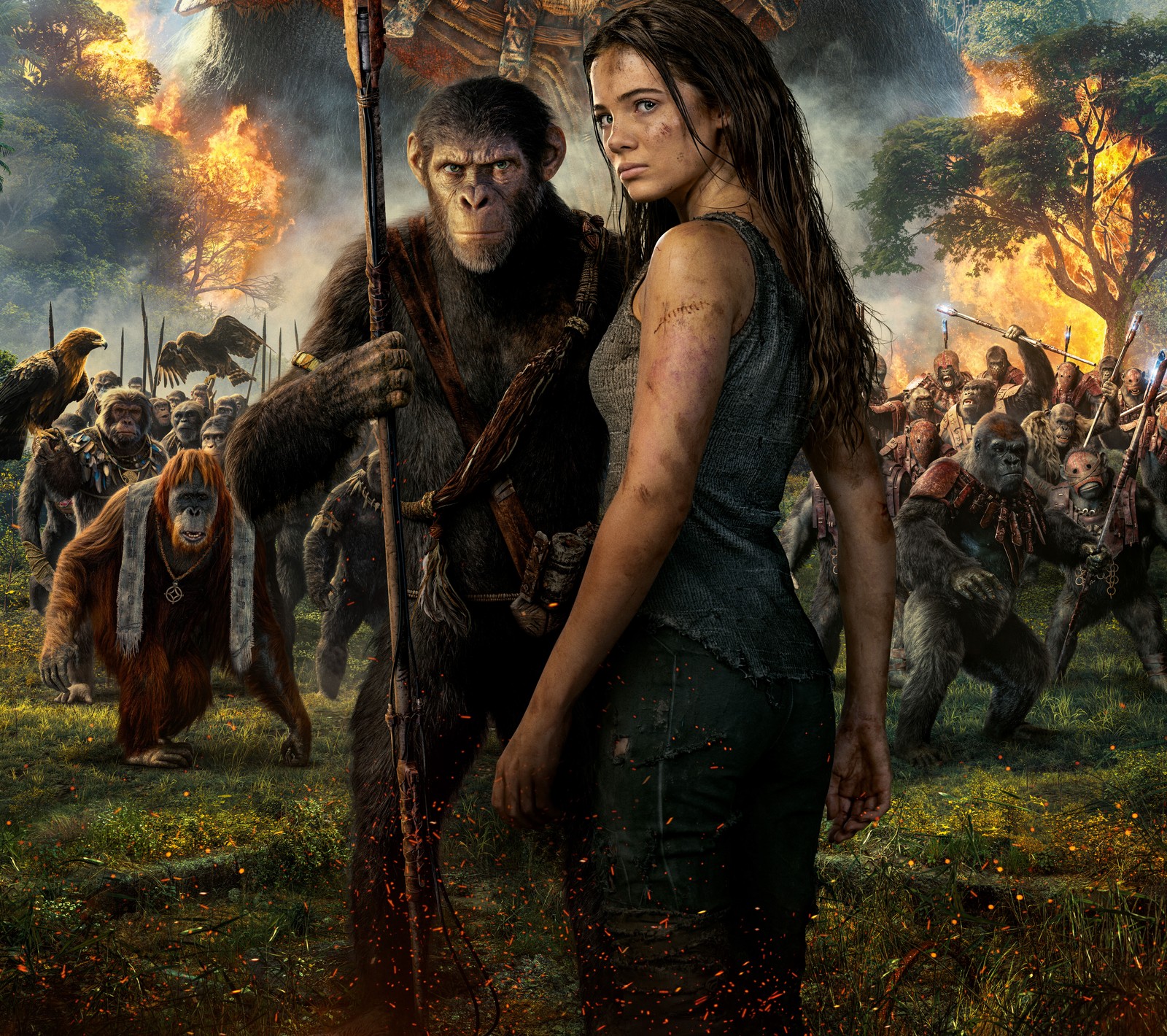 Image arrangée d'une femme et d'un homme debout devant un groupe de zombies (royaume de la planète des singes, freya allan, noa la planète des singes, noa planet of the apes, 5k)