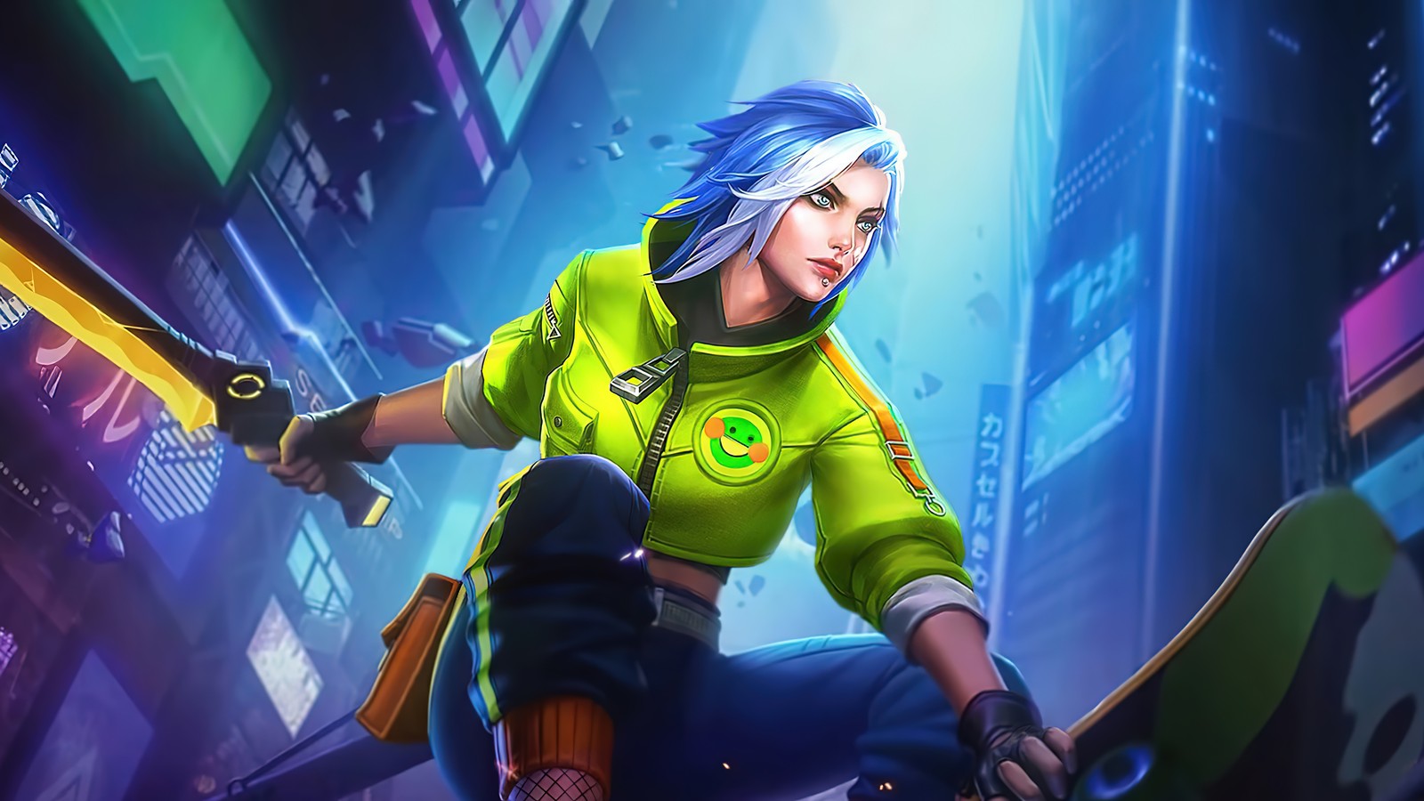 Une femme en chemise verte tenant une épée et un skateboard (benedetta, street blow, mobile legends, bang bang, mlbb)