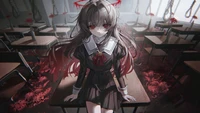 Red-Eyed Anime Student in a Haunting Classroom