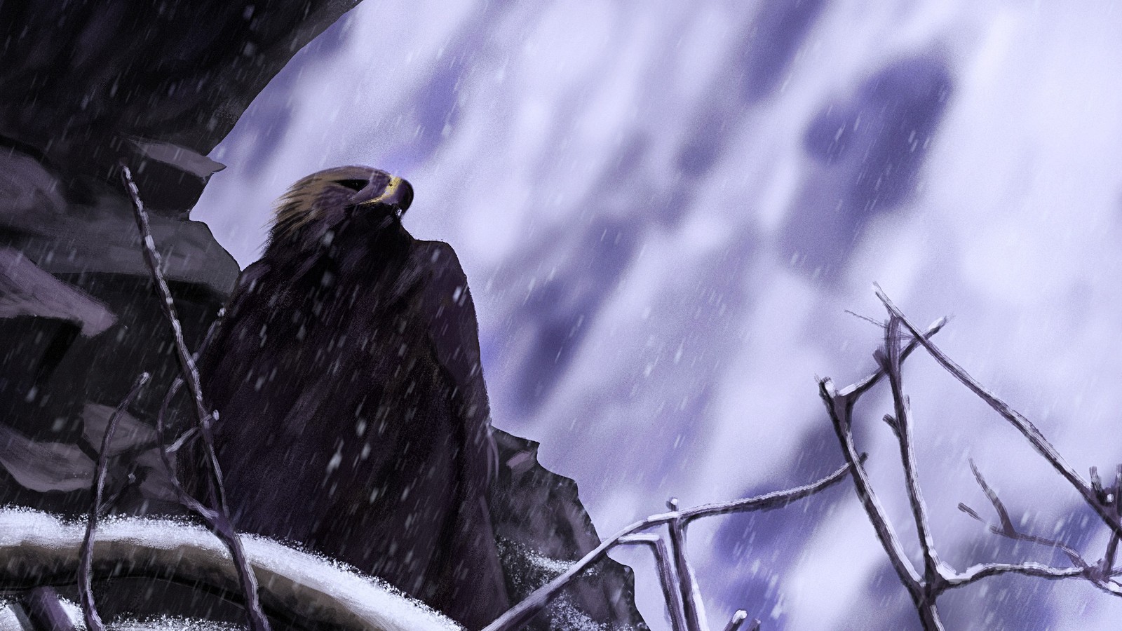 There is a bird that is sitting on a branch in the snow (eagle, art, bird, bird of prey, beak)