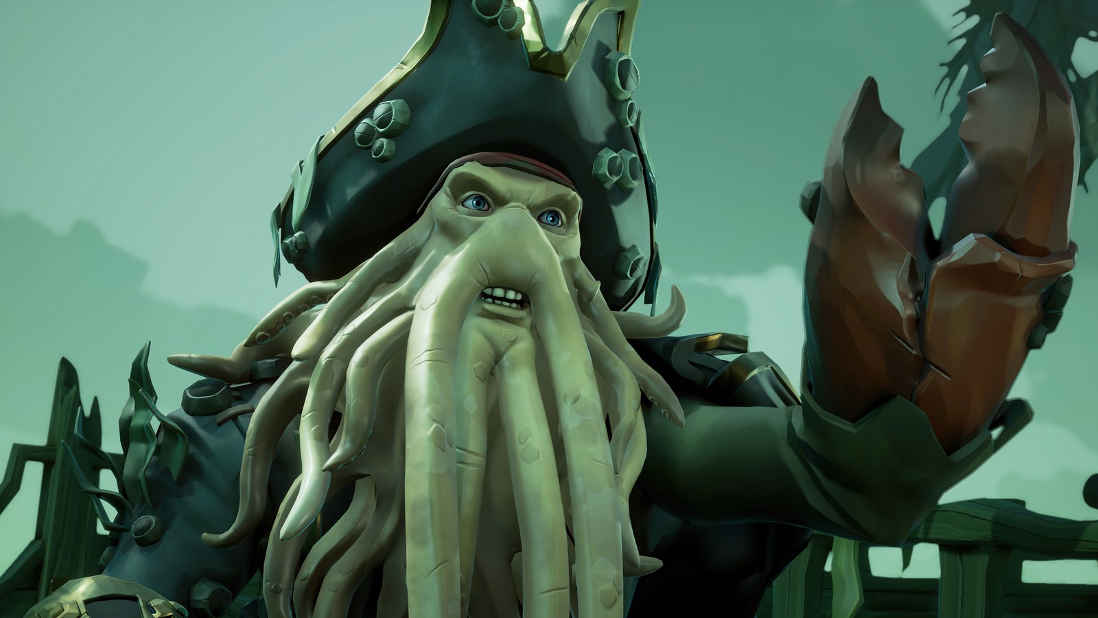 Un primer plano de una estatua de un pirata con un calamar gigante (sea of thieves una vida de pirata, videojuego, davy jones)