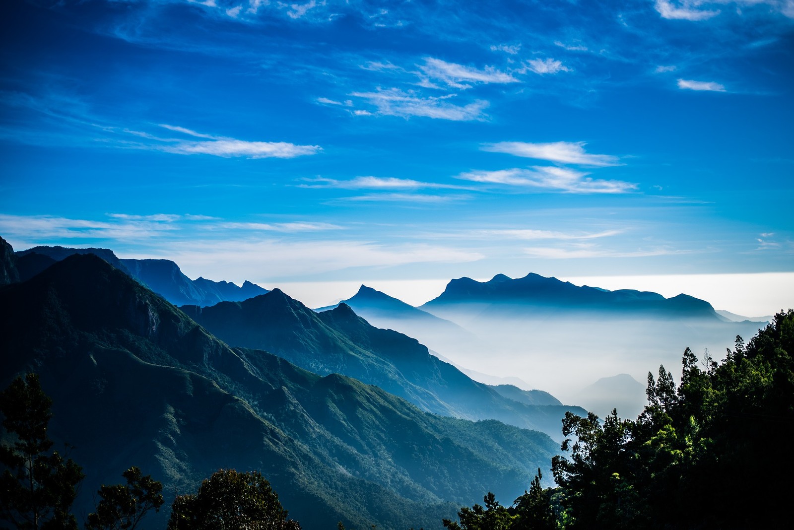 A view of a mountain range with a few trees and a few clouds (mountain range, hills, sunrise, foggy, early morning)