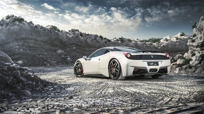 Ferrari 458 Spider sur un terrain accidenté avec des ciels dramatiques.