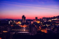 Paysage urbain au crépuscule : Une vue du crépuscule d'une métropole urbaine illuminée par des lumières du soir