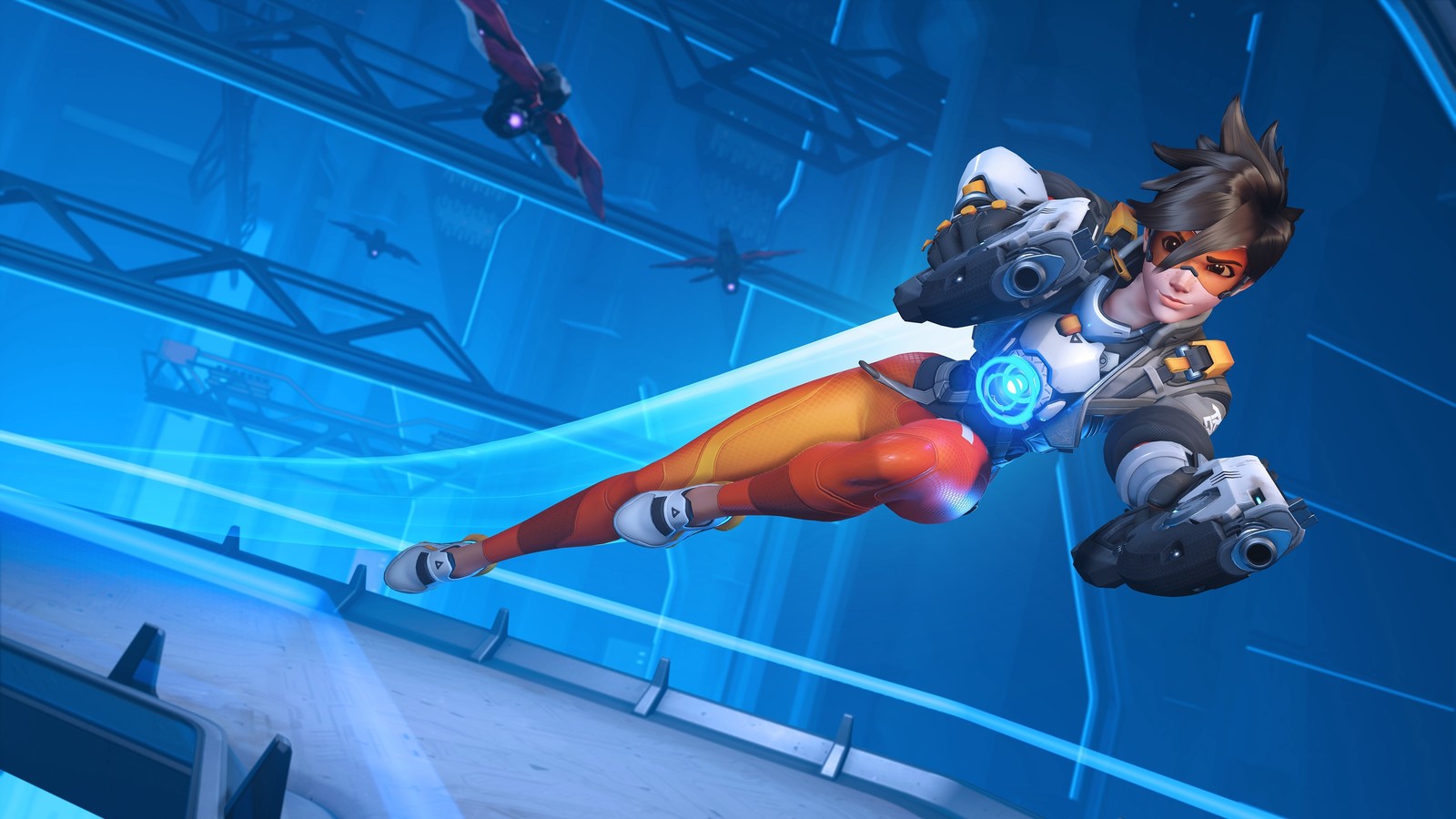 Gros plan d'un homme en costume volant dans les airs (overwatch 2, tracer, jeux, fond décran 4k)