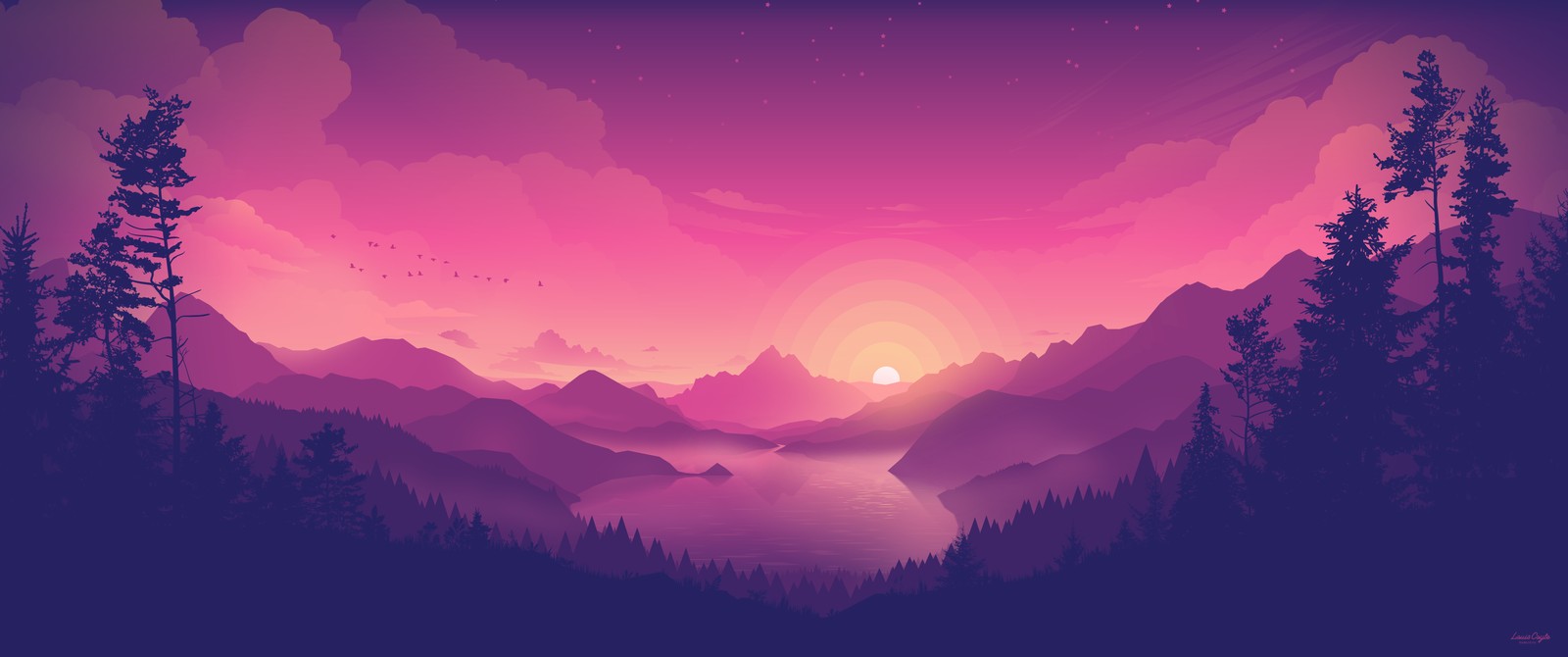 A sunset scene with mountains and trees (lakeside, aesthetic, pink sky, sunset, minimal art)