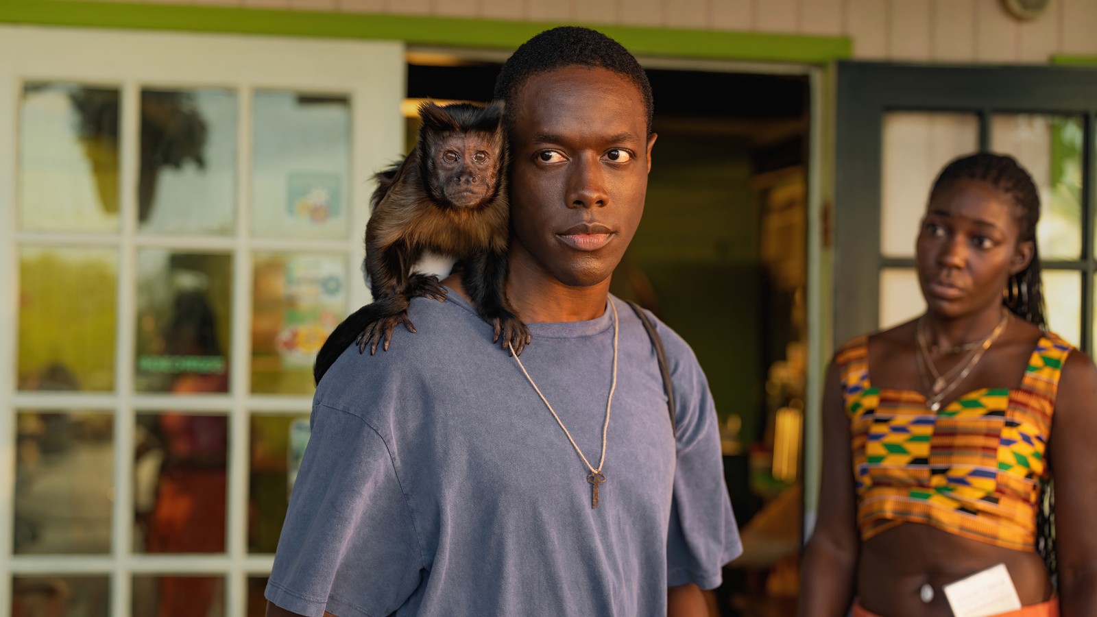 There is a man with a monkey on his shoulder standing next to a woman (bad monkey, tv series, ronald peet)