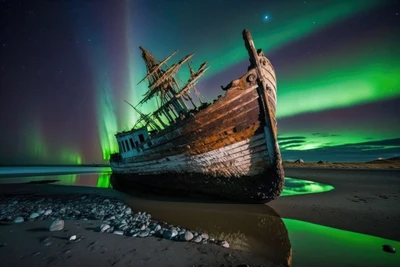 Abandoned Shipwreck Beneath the Northern Lights