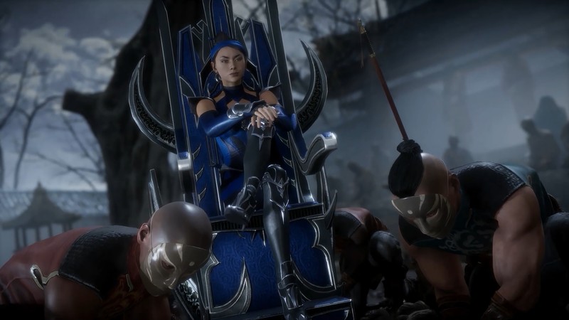 Женщина в синем костюме, сидящая на троне с мечами (китана, kitana, mortal kombat 11, видеоигра)