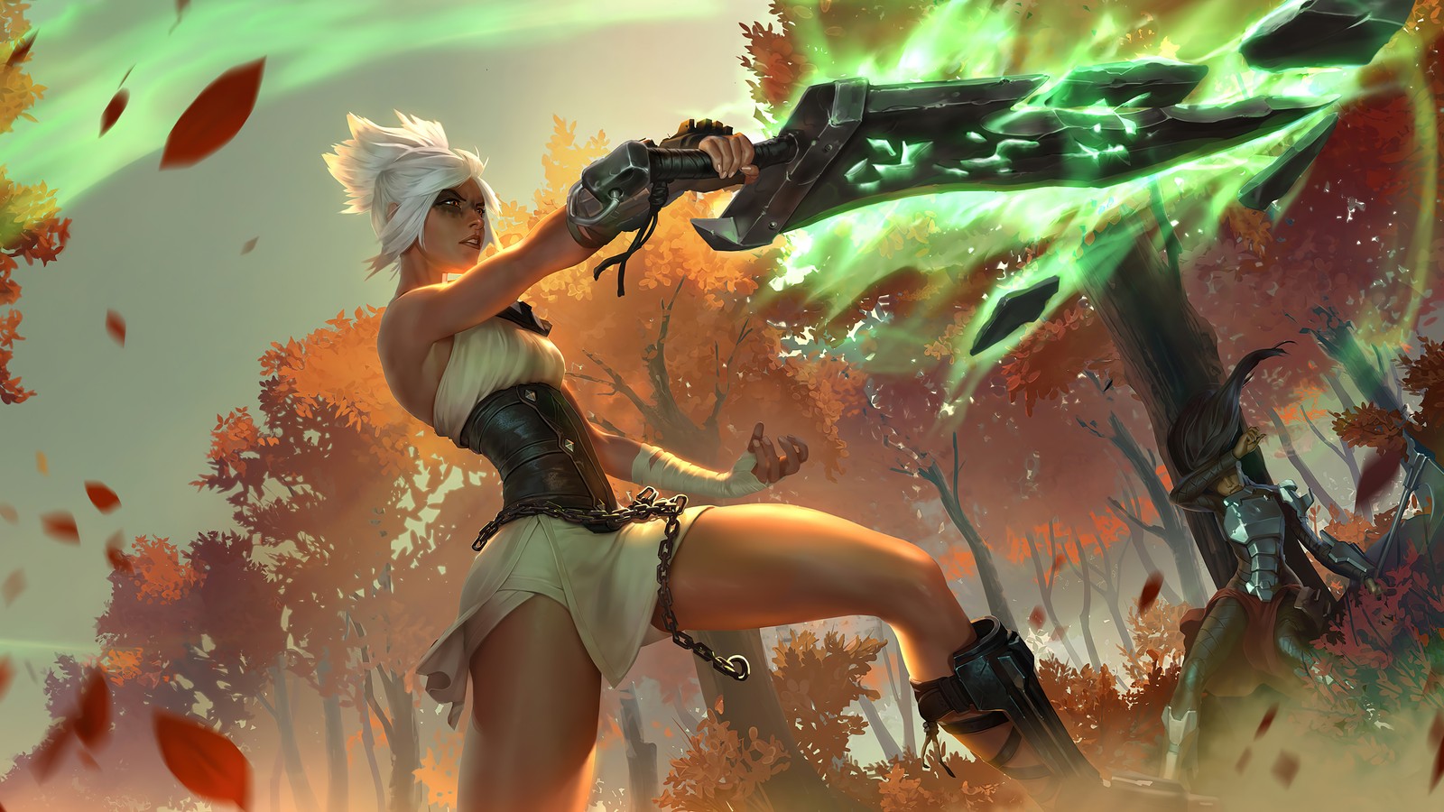 Женщина в белом платье с мечом в лесу (riven, lol, league of legends, видеоигра, legends of runeterra)