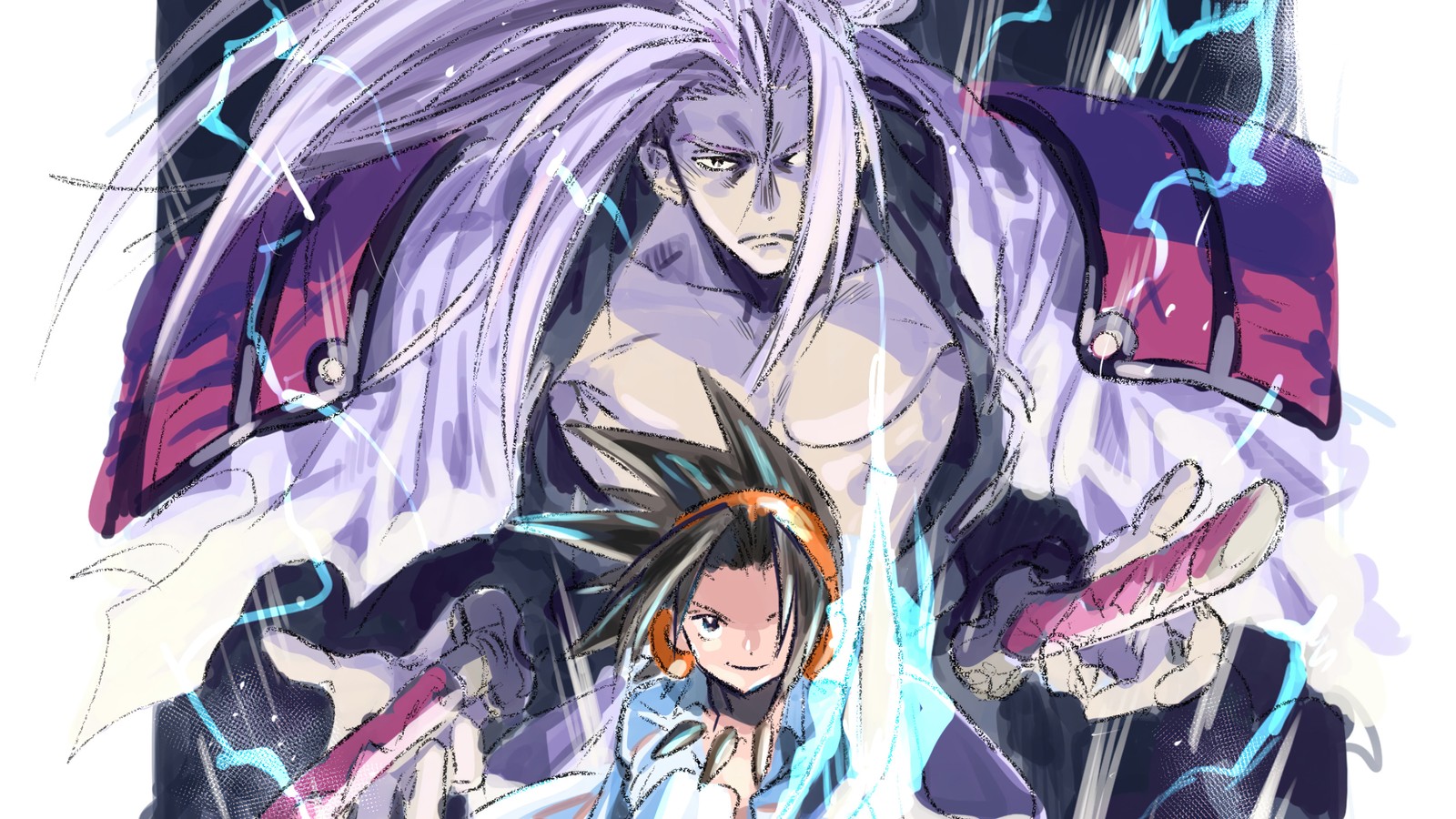 Personajes de anime con cabello largo y morado de pie frente a un fondo blanco (shaman king, anime, amidamaru, yoh asakura, arte)