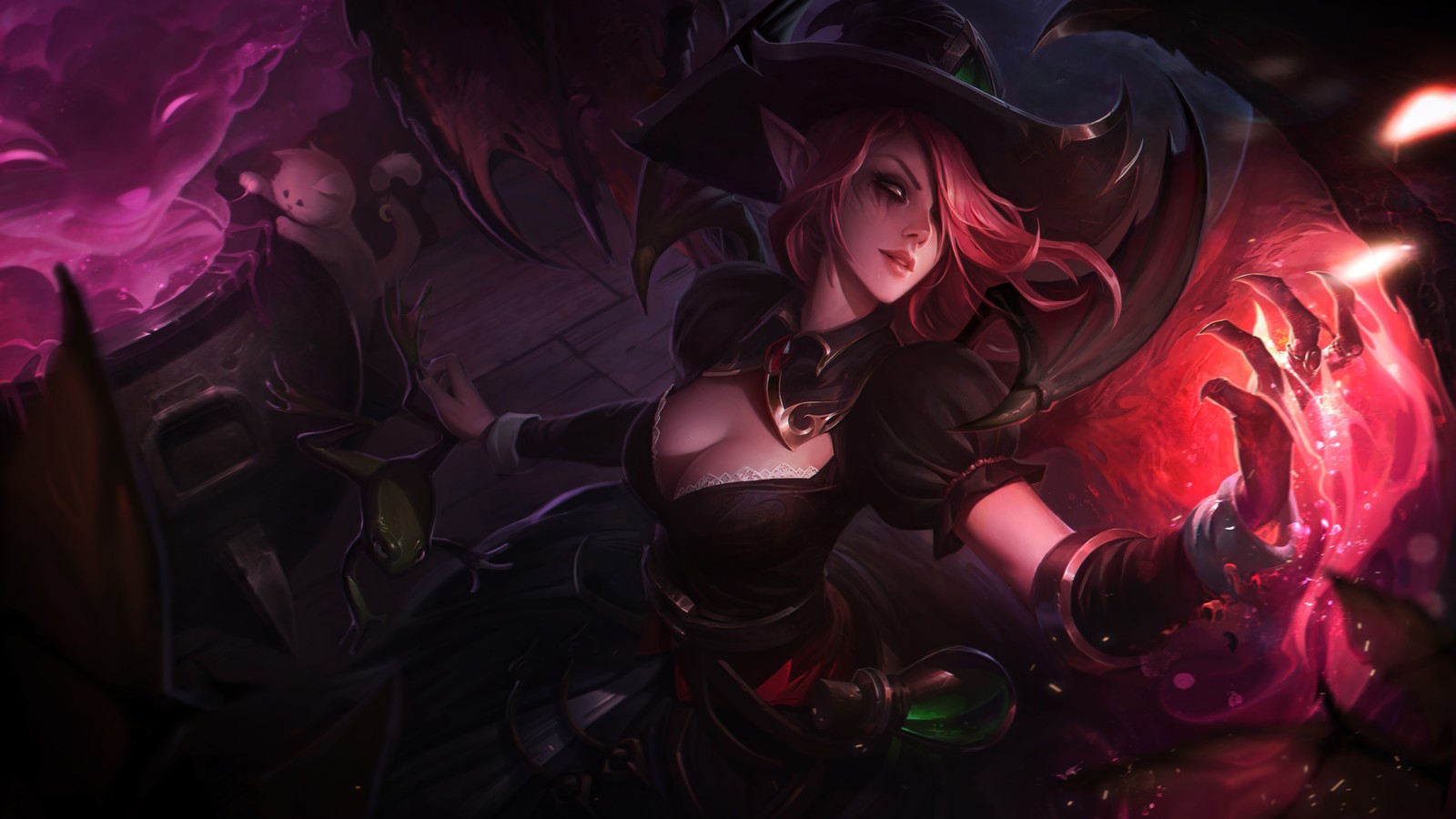 Une femme en costume de sorcière tenant un orbe lumineux (morgana, lol, league of legends, jeu vidéo, peau)