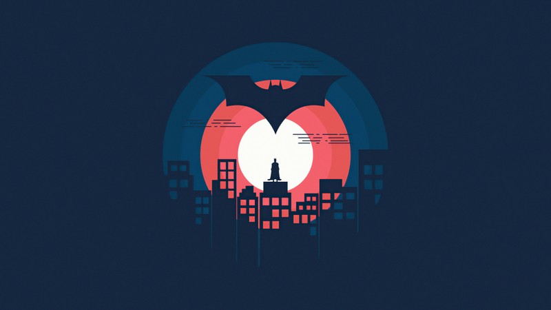 Темно-синий фон с силуэтом города и красным солнцем (batman, тёмный, иллюстрация, супергерои dc, dc superheroes)