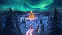 christmas tree, aurora sky, snowy trees, aesthetic christmas, santa claus chariot wallpaper