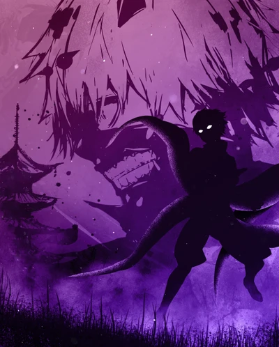 Ken Kaneki Silhouette Against a Purple Tokyo Ghoul Background