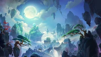 fantasy, world, full, moon, mountain