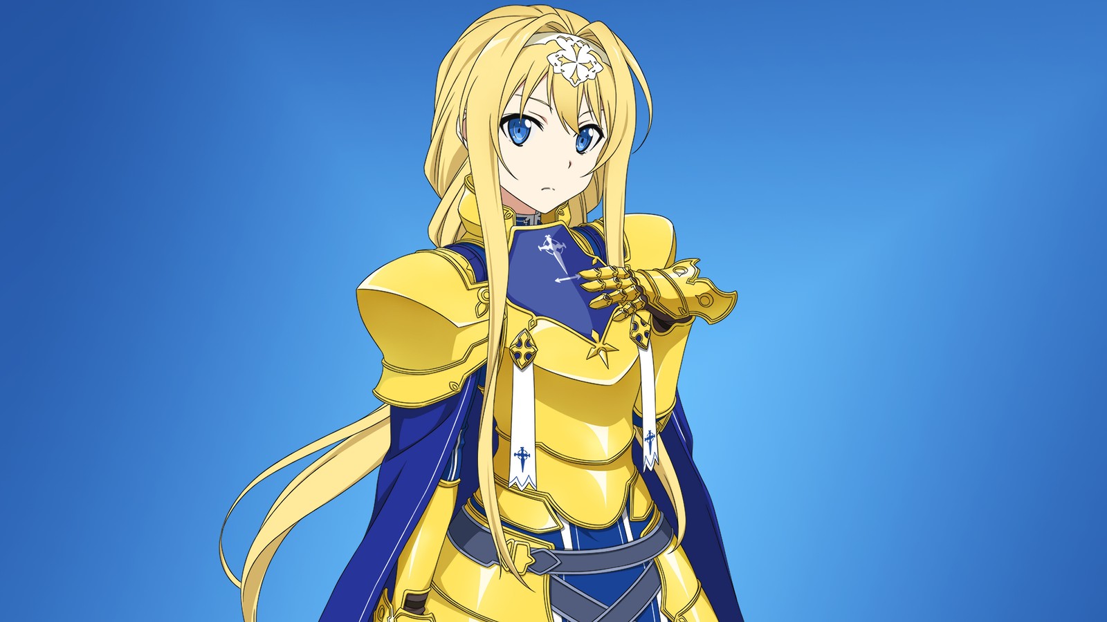 A woman in a yellow and blue outfit holding a sword (alice zuberg, sao, sword art online alicization, anime)