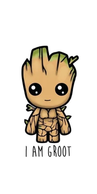 Groot de desenho animado fofo com uma expressão brincalhona e o texto "EU SOU GROOT" abaixo.