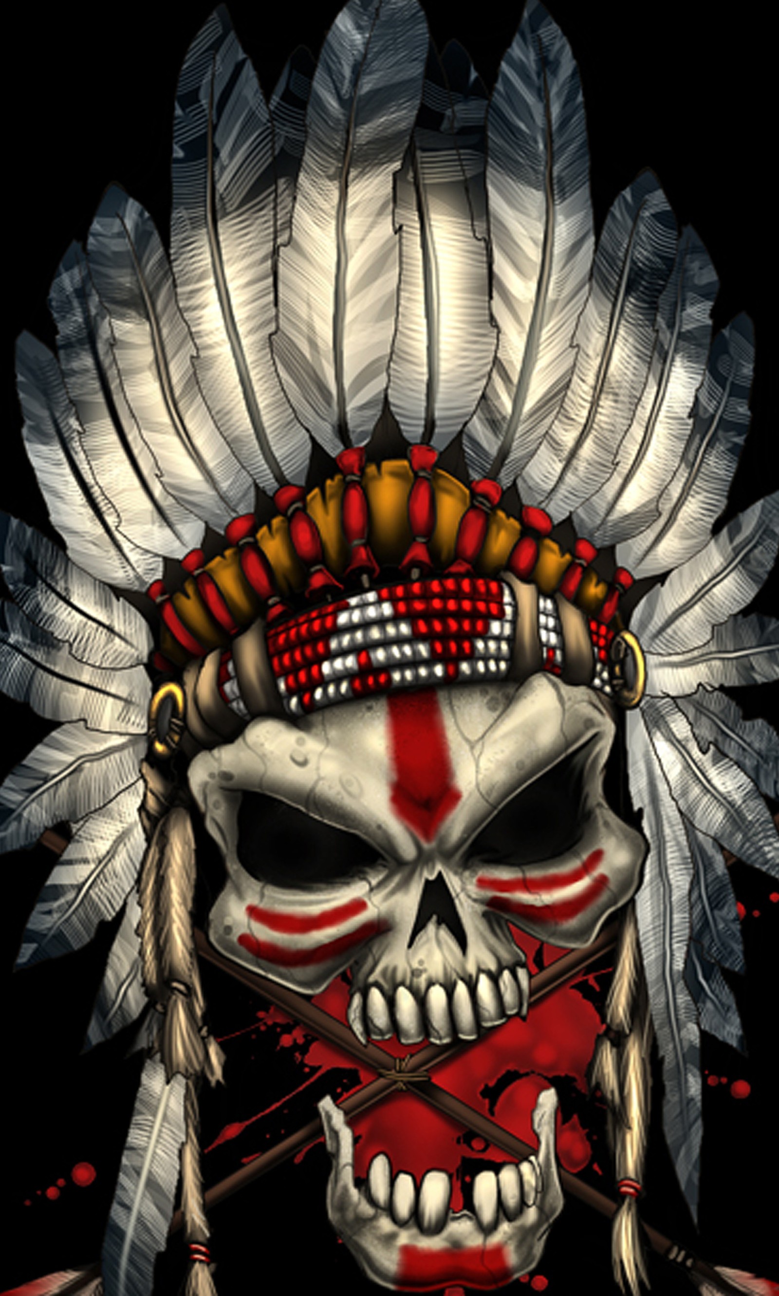 Skull with feathers and a red face with a knife in its mouth (amazing, arrow, chief, cool, design)