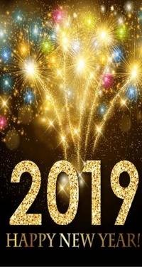 2019 Happy New Year Celebration with Sparkling Gold and Colorful Fireworks