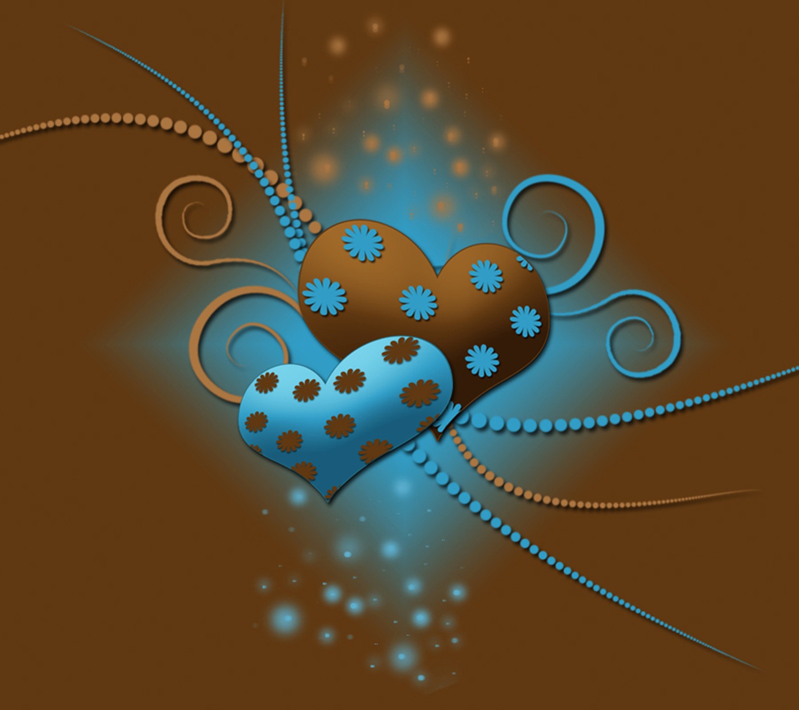 Two hearts with blue and brown designs on a brown background (hearts, love)